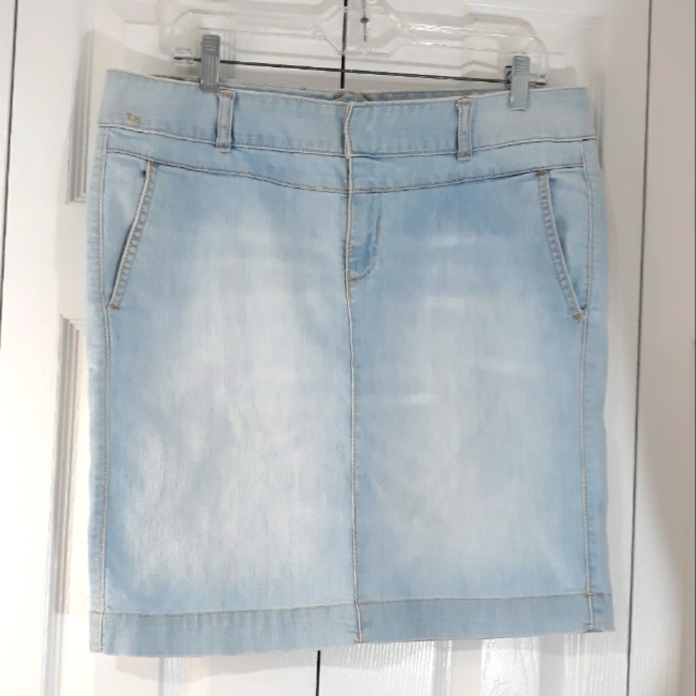Vintage Tommy Hilfiger Denim Cotton Light Blue Front Zipper Pockets Skir…